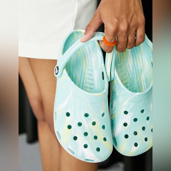Classic Light Blue Marbled CROCS Slide On Shoes in Pure Water - Picture 1 of 12